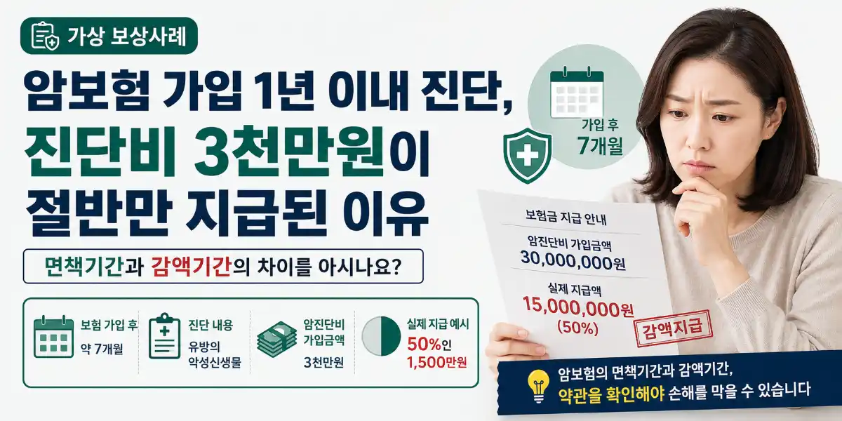 암보험 가입 7개월 만에 암 진단을 받아 진단비 3천만원 중 1,500만원만 지급된 가상 보상사례