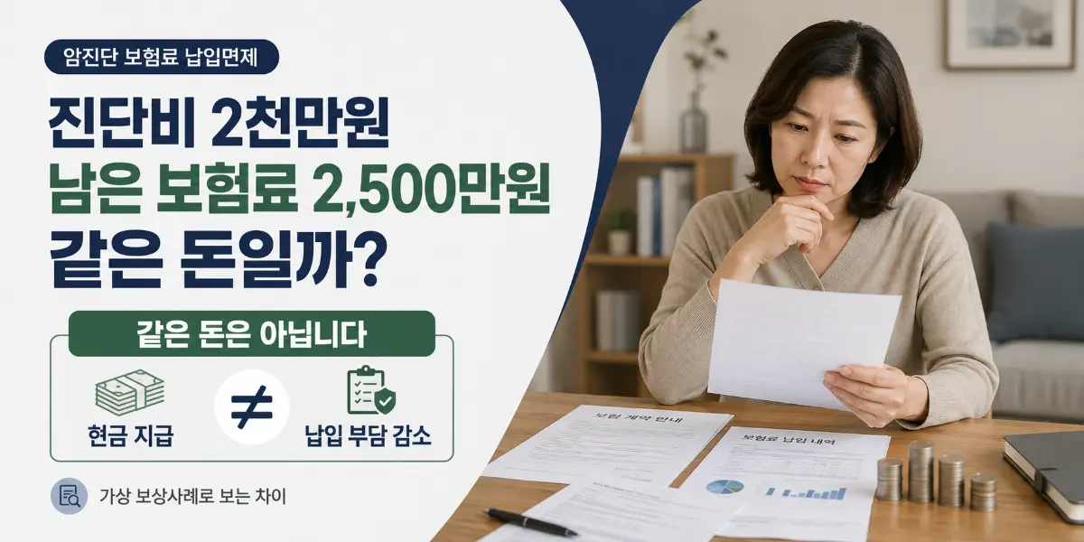 암진단 보험료 납입면제 시 진단비 2천만원과 남은 보험료 2,500만원의 차이를 설명하는 가상 보상사례