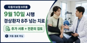 자동차보험 8주룰이 2026년 9월 10일부터 시행되며 경상환자의 8주 초과 치료는 추가 서류와 전문의 검토가 필요하다는 대표이미지