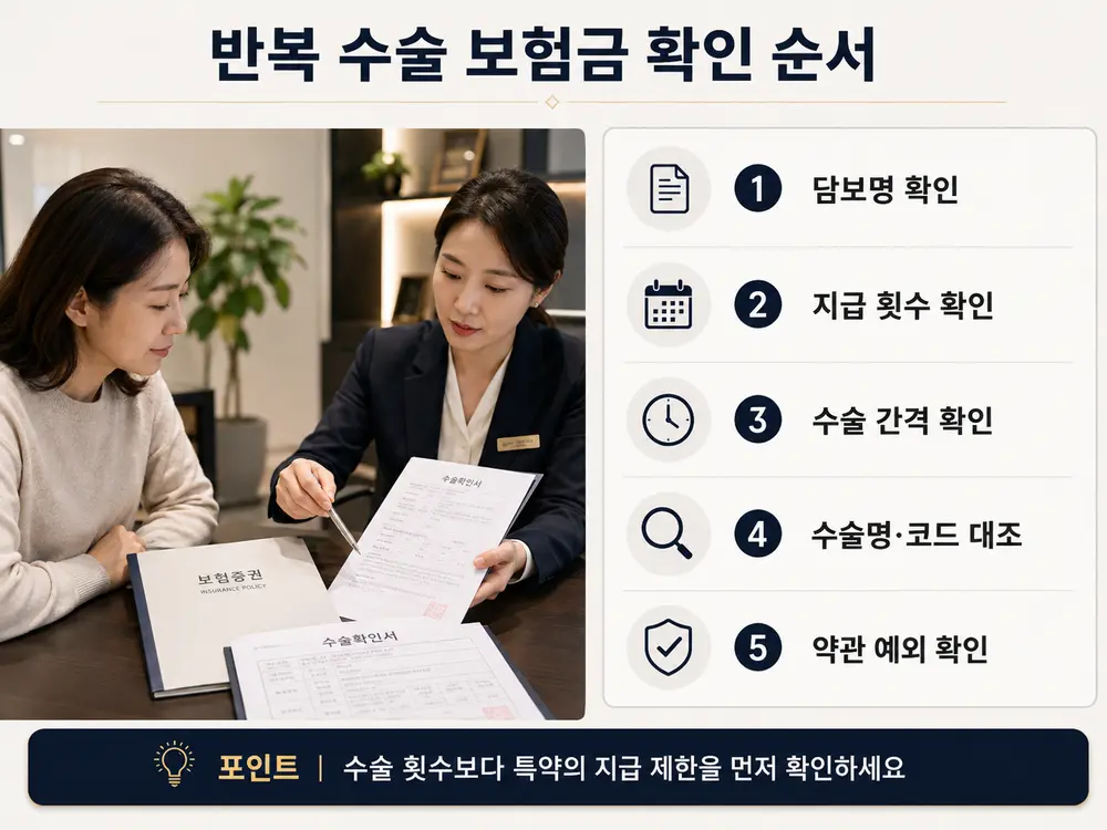 수술비 보험 반복 수술 보험금 지급 조건 확인 인포그래픽